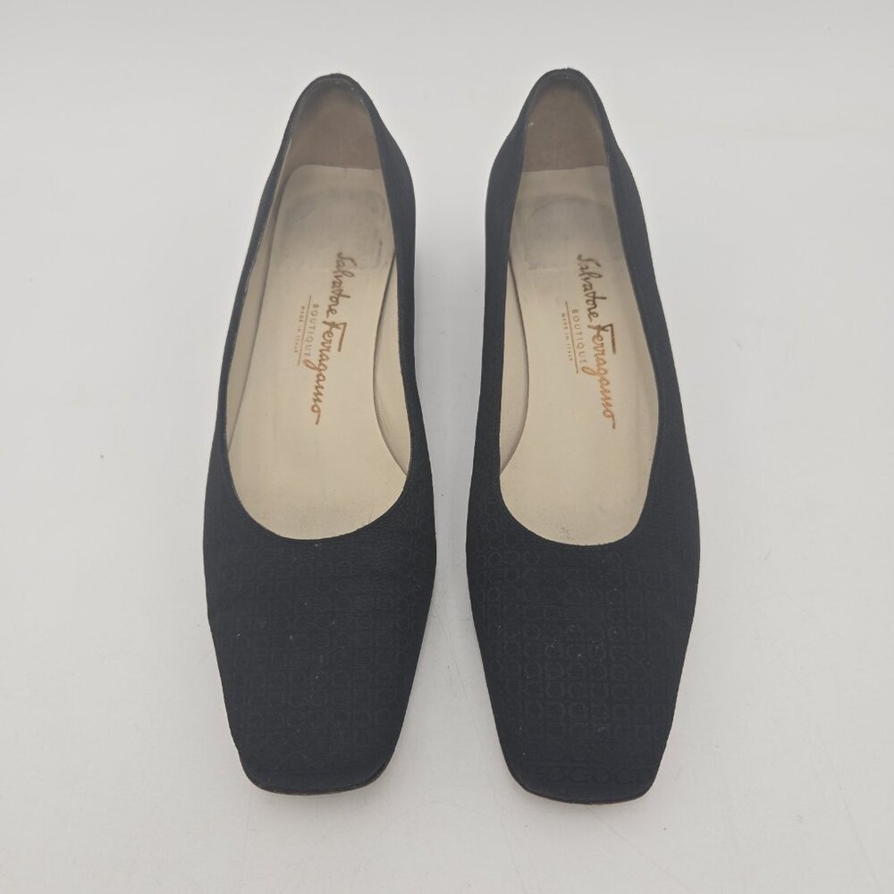 Salvatore Ferragamo Black Jacquard Fabric Square Toe Pump 6.5 B Italy Women 5641